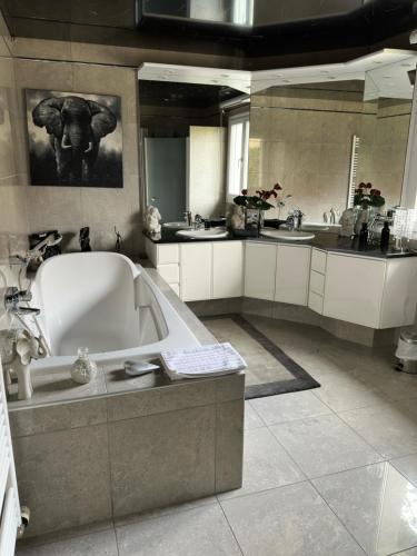 a large bathroom with a tub and two sinks at Grande maison au calme in Ensisheim