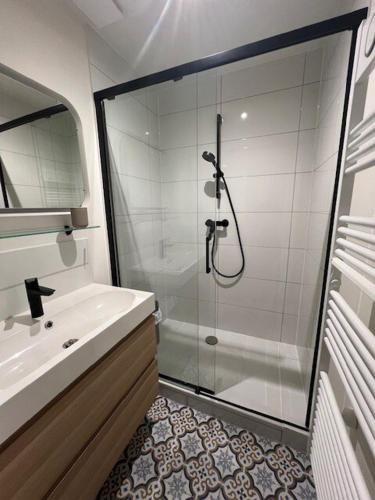 une salle de bain avec douche et lavabo dans l'établissement Villa à 50m de la plage, cour et parking, à Trouville-sur-Mer