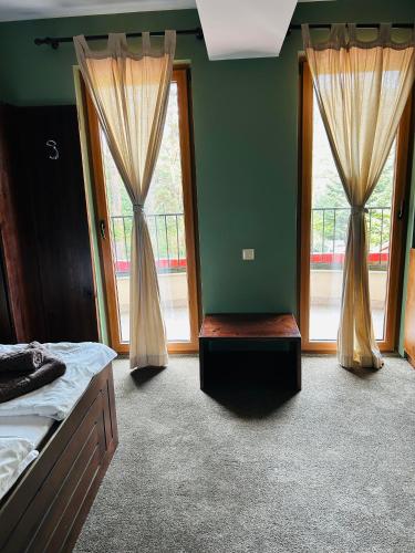 a bedroom with a bed and two windows with curtains at Villa Ema in Panichishte
