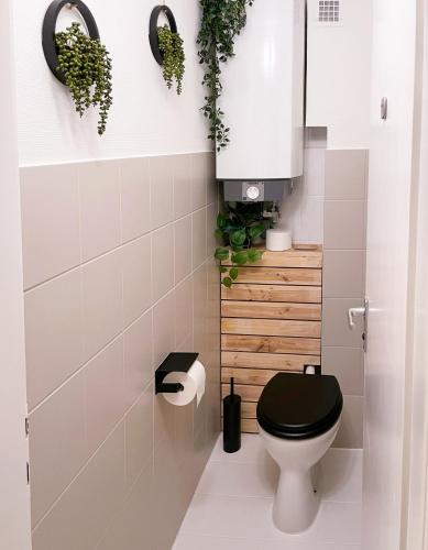 a bathroom with a toilet and plants on the wall at MARKT14 City Apartment Marktplatz Freundenstadt in Freudenstadt