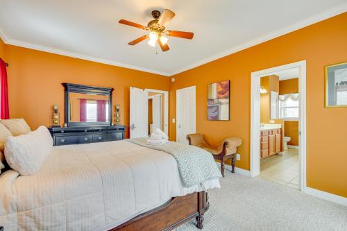 a bedroom with a bed and a ceiling fan at 2 Mi to Ski Resort Beech Mtn Home with Fire Pit! in Beech Mountain