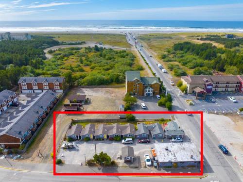an aerial view of a parking lot near the beach at Akari Bungalows #1 in Long Beach