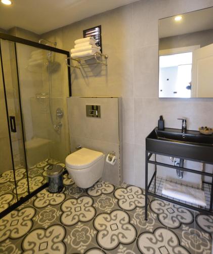 a bathroom with a toilet and a sink and a shower at Ağva Casa Rosa Bungalov Otel in Sile