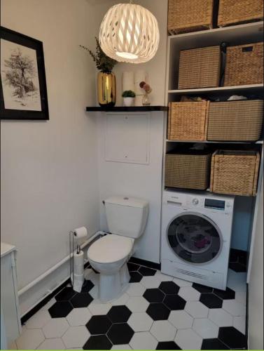 La salle de bains est pourvue de toilettes et d'un lave-linge. dans l'établissement Chambre cosy près de Paris dans un appartement partagé, à Saint-Ouen