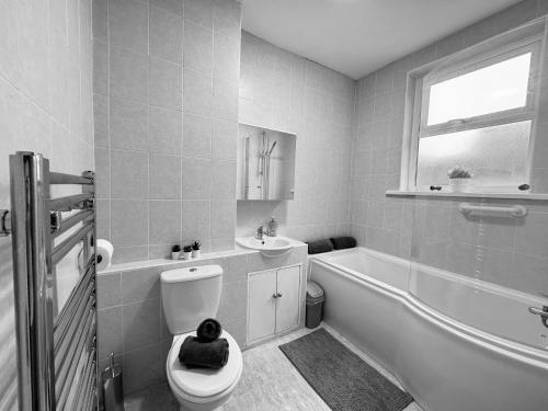 a bathroom with a toilet and a tub and a sink at Station Retreat Cullercoats Free Onsite Parking in Cullercoats