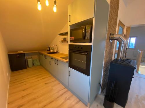 une cuisine avec un micro-ondes et une cuisinière four supérieur dans l'établissement Les enfants gâtés, à Albertville