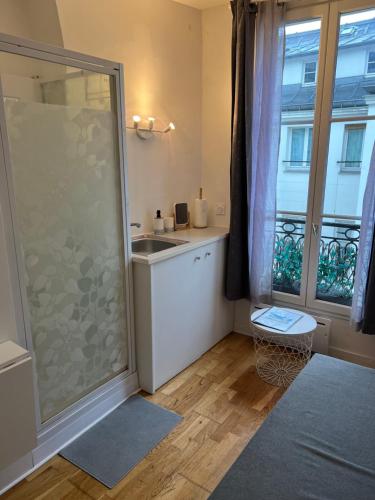 une salle de bain avec une douche et un lavabo et une fenêtre dans l'établissement Studio Île Saint-Louis (Cathédrale Notre Dame), à Paris