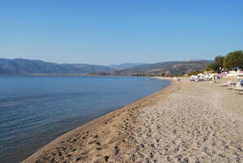 a beach with a bunch of chairs and the water at Houdis Houses in Paralion astros
