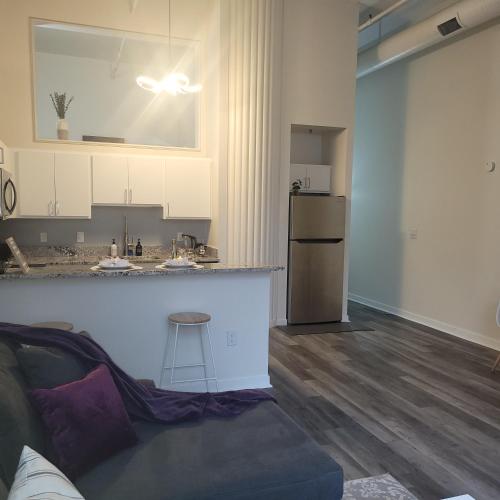 a living room with a couch and a kitchen at Downtown Indy King Lucas Oil- Conv Center Skywalk#1 in Indianapolis