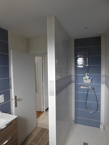 La salle de bains est pourvue d'une douche avec un mur bleu. dans l'établissement Gîte MMR 6 places avec cour clôturée, à Saint-Saturnin