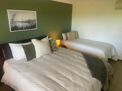 two beds in a room with green walls at Fairhall Guest Lodge in Woodbourne