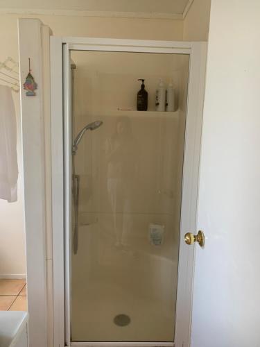 a shower with a glass door in a bathroom at double room in Auckland