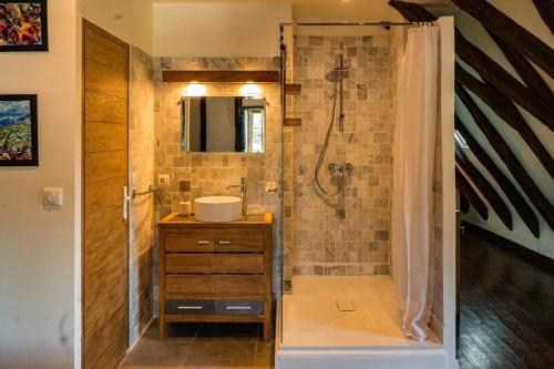une salle de bain avec douche et lavabo dans l'établissement Appel d'Air Authentique longère rénovée, à Meyrals