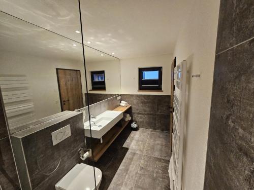 a bathroom with a sink and a toilet and a mirror at Chalet in Zillertal near Ski Slopes in Aschau