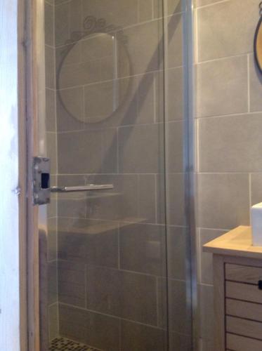 a shower with a glass door in a bathroom at Cocon au pied de la Croix Rousse in Lyon