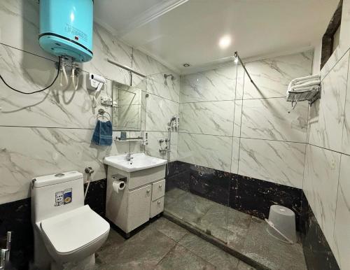 a bathroom with a toilet and a sink at Himalayan Suite in Dharamshala