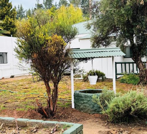 Green Acres Farm Cottage في Ritchie: حديقة بها شرفة و شجرة