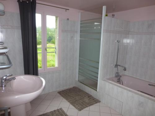 uma casa de banho com um lavatório, uma banheira e um chuveiro em Gîte De L'arthour em Notre-Dame-de-Cenilly