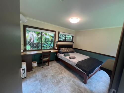 a bedroom with a bed and a desk and two windows at Riflebird Lodge in Topaz