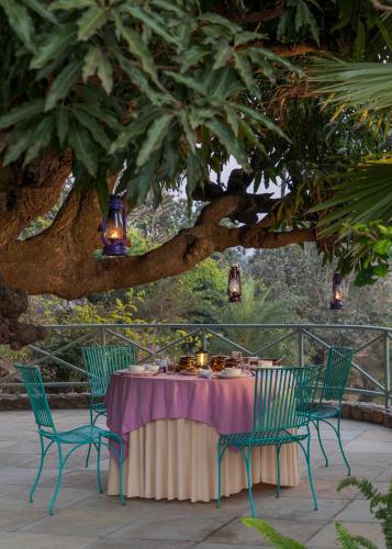 a table and chairs under a tree with lights at SaffronStays Sylvan Farms in Delmāra