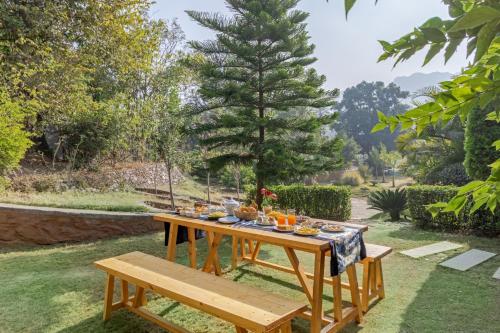 a picnic table with food on it in a garden at SaffronStays Sylvan Farms in Delmāra