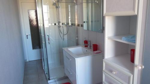 a white bathroom with a shower and a sink at L'Ancien p'tit bistrot in Saint-Hilaire-du-Bois