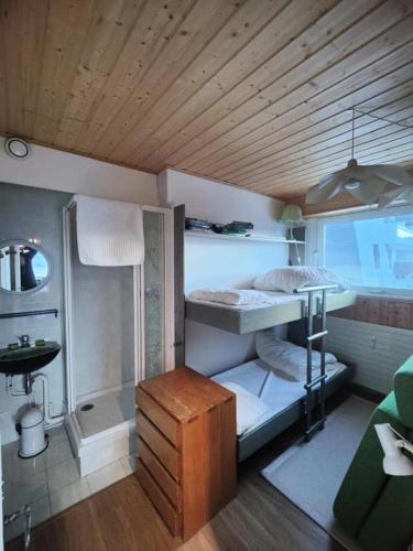 Cette petite chambre comprend des lits superposés et une douche. dans l'établissement Résidence Saint Laurent - APPARTEMENT ALPE D'HUEZ QUARTIER VIEL ALPE MAE-9501, à Huez