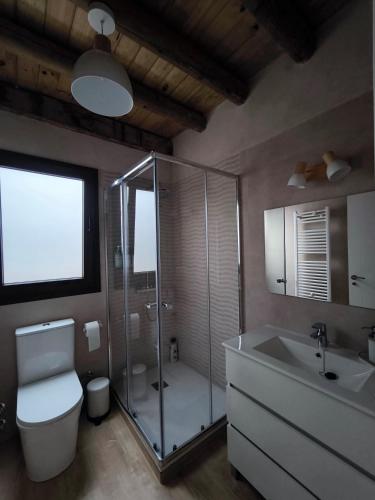 a bathroom with a shower and a toilet and a sink at fuerte trece in Encinasola