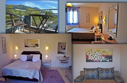 three pictures of a bedroom with a bed and a balcony at Anesis in Ioannina