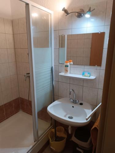 a bathroom with a sink and a shower at Kettős Csárda Szálláshely Bocfölde in Bocfölde