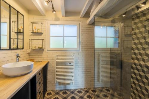a bathroom with a sink and a shower at La Ruchaude Enchantée - Grand jardin et sauna in Chevillon