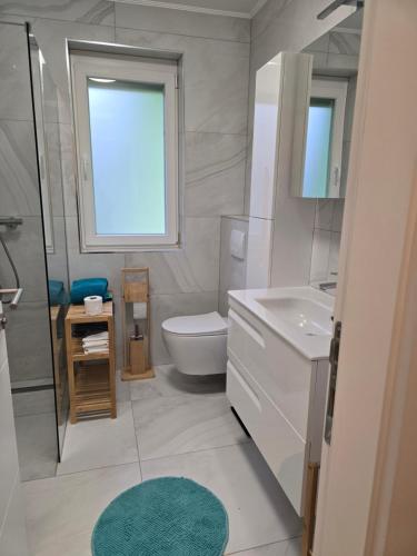 a bathroom with a toilet and a sink and a window at Apartment Maja in Labin