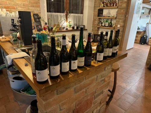 a bunch of wine bottles sitting on a counter at Žabinec - penzion, vinotéka in Kurdějov