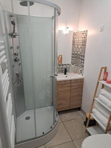 une salle de bain avec douche et lavabo dans l'établissement Zenappart - Charmant appartement P2 proche centre ville, à Nîmes