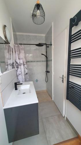une salle de bain avec un lavabo blanc et une douche dans l'établissement Le Corneroche, à Montélimar