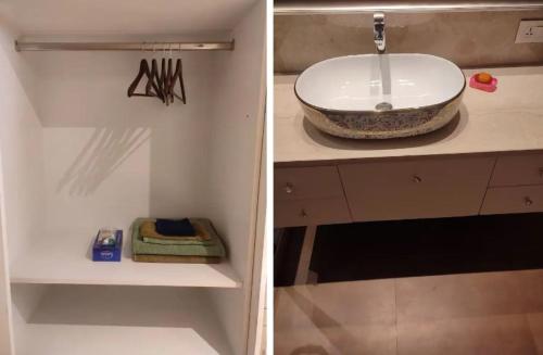 two pictures of a bathroom with a sink and a counter at Teghs Hospitality - Entire Superior Villa Bungalow in Chandīgarh