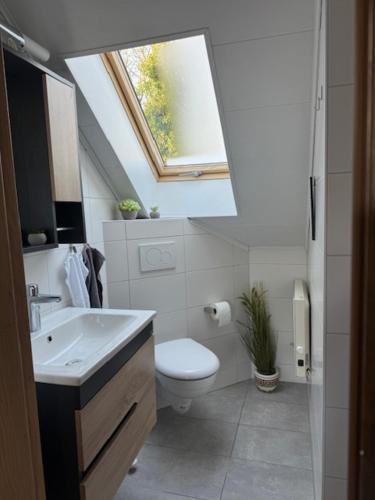 a bathroom with a sink and a toilet and a window at Altmarkblick in Erbenhausen