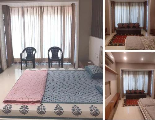 two pictures of a bedroom with a bed and chairs at Teghs Hospitality - Entire Superior Villa Bungalow in Chandīgarh