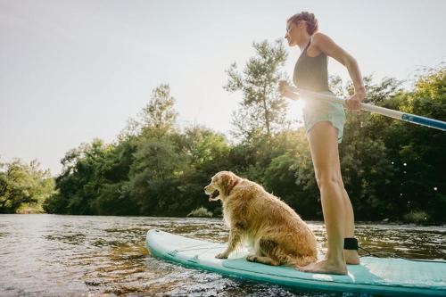 une femme debout sur une planche à pagaie avec un chien dans l'établissement Camping Le Val de Cesse, à Mirepeisset