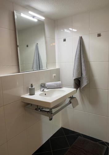 une salle de bain avec un lavabo et un miroir dans l'établissement Sur la Cave, à Carsac-Aillac