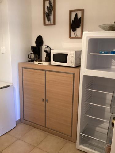 un four micro-ondes installé au-dessus d'un comptoir de cuisine dans l'établissement Santa Maria Poggio, à Moriani-Plage