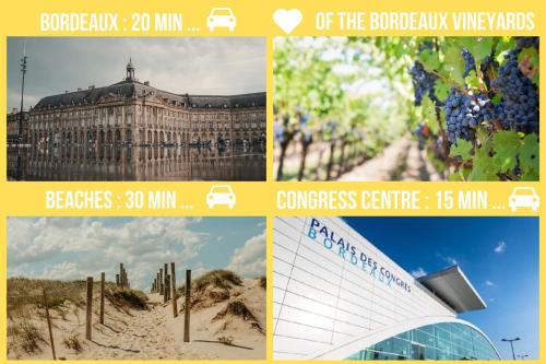 un collage d’images d’un bâtiment et d’un bâtiment avec du raisin dans l'établissement Villa Eivissa Bordeaux Océan, à Ludon-Médoc