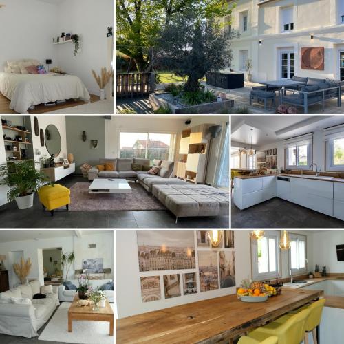 un collage de photos d'un salon et d'une maison dans l'établissement Villa Eivissa Bordeaux Océan, à Ludon-Médoc