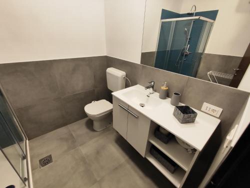 a bathroom with a toilet and a sink and a mirror at Sleep&Go Vrtojba International Border Crossing in Šempeter pri Gorici