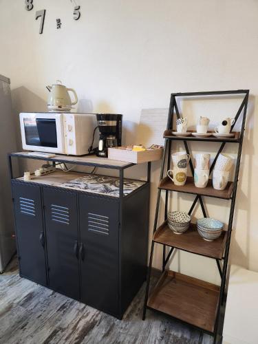a kitchen with a microwave and a shelf at Grosseto Design Apartment in Grosseto