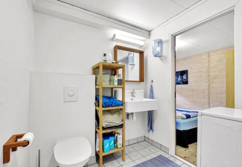 a bathroom with a sink and a mirror at Granåsen World Championship Stay Walk to Ski Arena in Trondheim