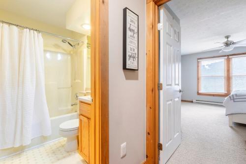 タナーズビルにあるYour Gateway to Pocono!のトイレ、シャワー、洗面台を備えたバスルーム