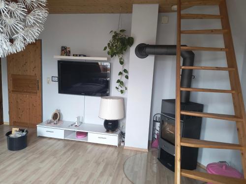 a living room with a television and a ladder at Wohnung Auerand in Nienhagen