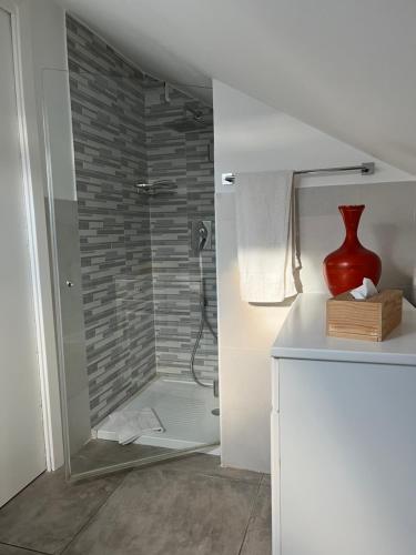 y baño con ducha y jarrón rojo en la encimera. en Allegro Luxury B&B, en Rocca di Papa