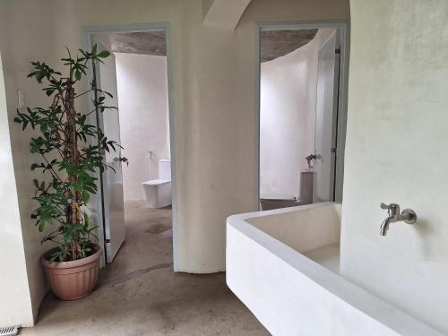 a bathroom with a large white tub and a plant at ecoco rocks in Sibulan